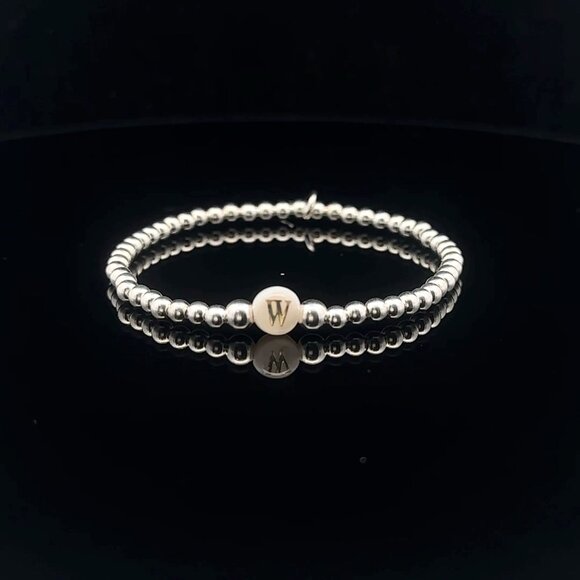925 Sterling Silver Beaded Stretch Stacking Bracelet MOP Letter Initial W - Picture 1 of 6